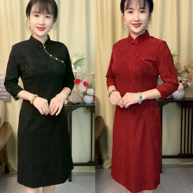 12-竹梅玉盘春秋款单层针织提花中长款复古新中式喜事旗袍S-4XL