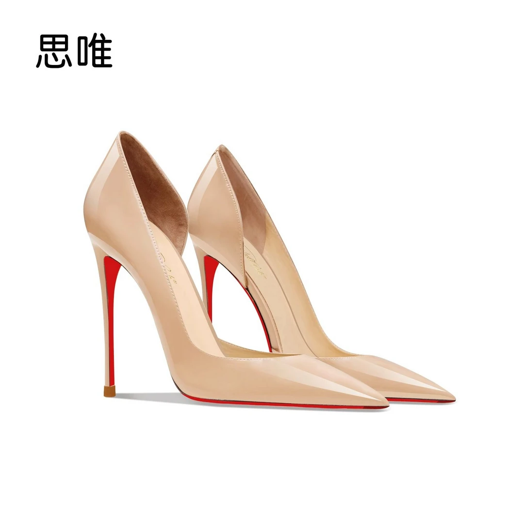 裸色高跟鞋女漆皮侧空红底2025年夏季新款尖头细跟浅口超软OL单鞋