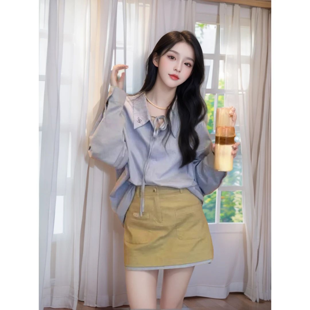 优选头家初入职场女春季衬衫撞色拼接半身裙潮套装9355