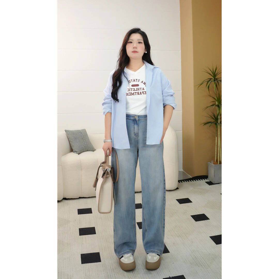 （清仓专属）梨形苹果型微胖显瘦大码胖MM宽松水洗高腰牛仔裤 68011