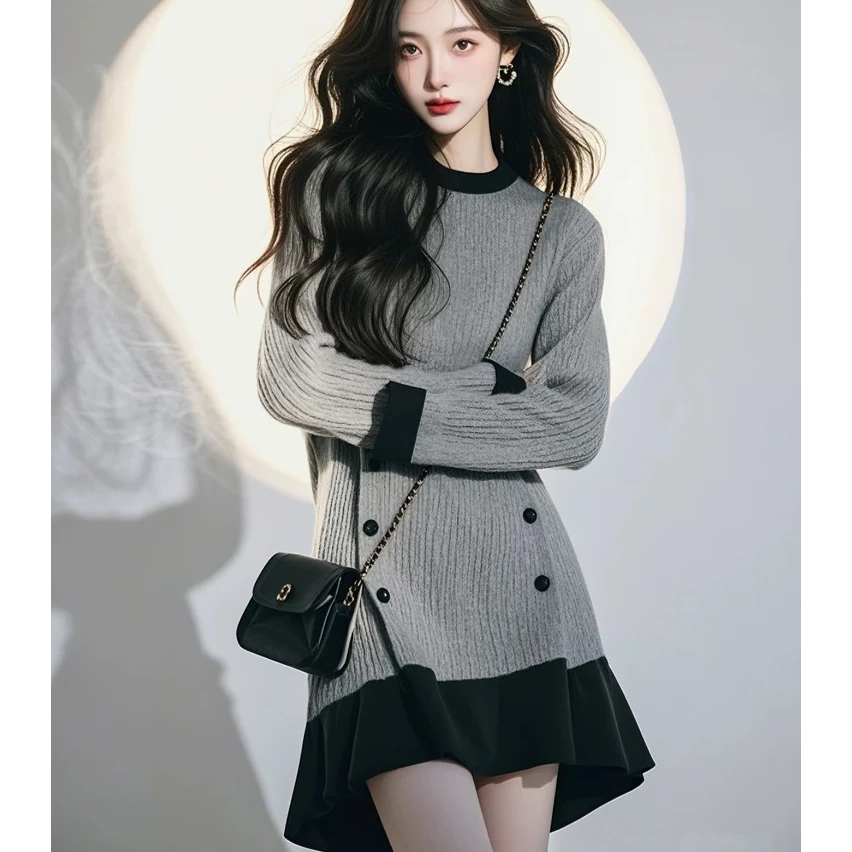 韩系千金感穿搭小香风灰色圆领拼接连衣裙子2025超火新款女装春季