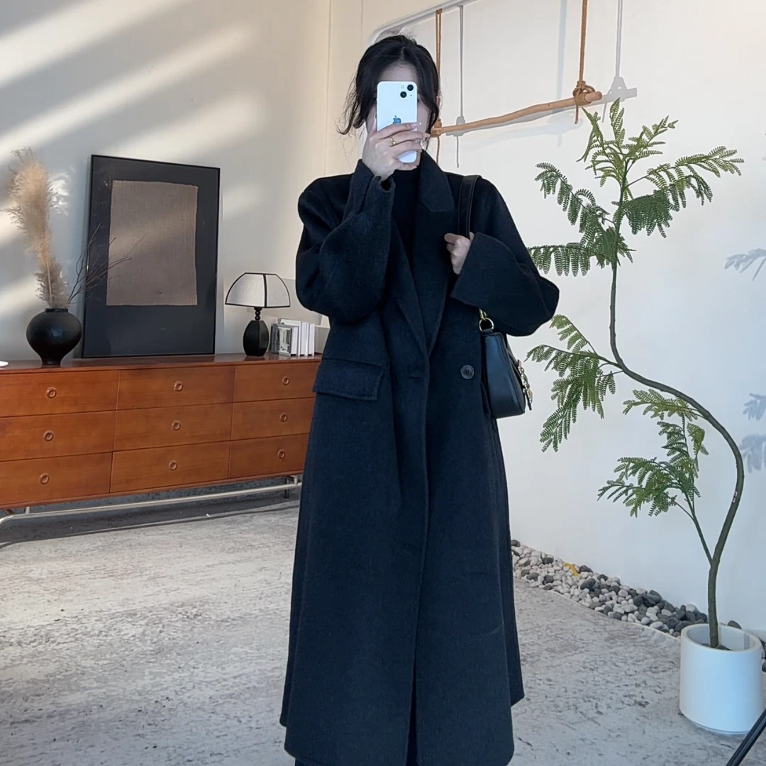 【韩代女主】毛呢外套秋冬纯色直下摆宽松型女长袖长款厚款羊毛大衣