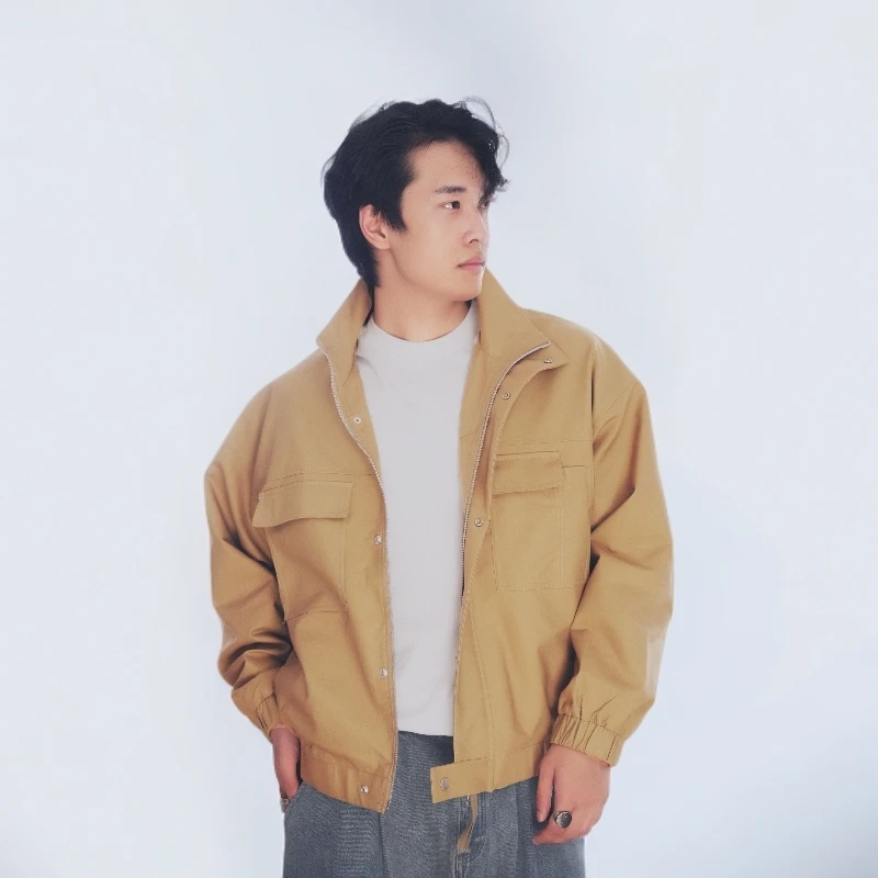 执朴立领夹克外套多口袋男士工装秋季单排扣夹克外套男