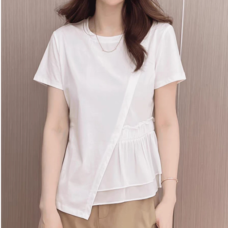 设计感不规则拼接短袖T恤女士2025夏季新款洋气宽松显瘦别致上衣