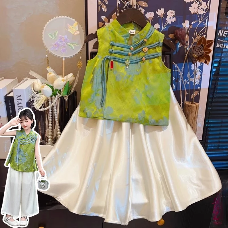 女童新中式旗袍连衣裙套装2025夏款国风提花盘扣无袖裙子古风薄款