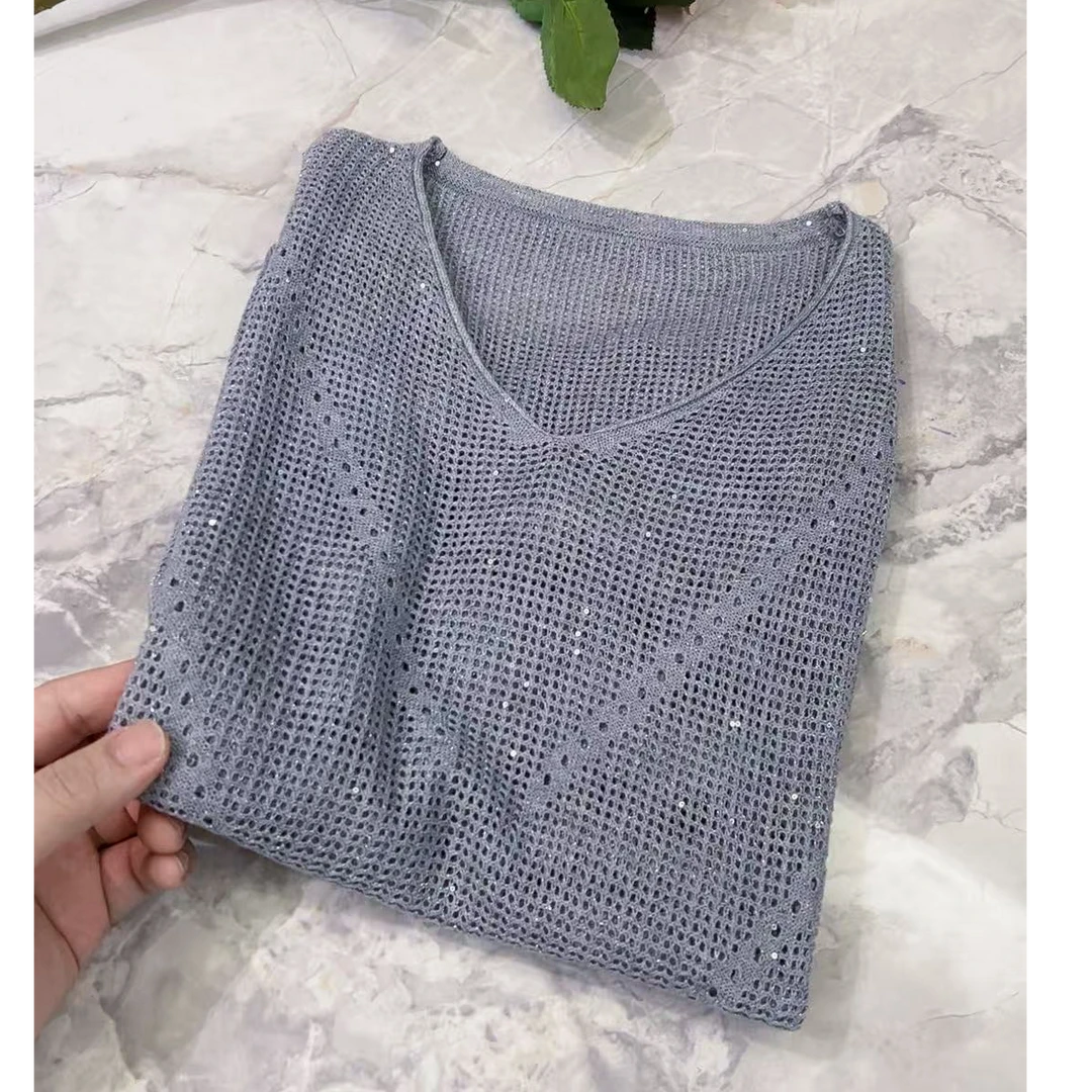 【有运费补贴】夏季V领莱赛尔天丝亮片镂空设计感宽松针织上衣