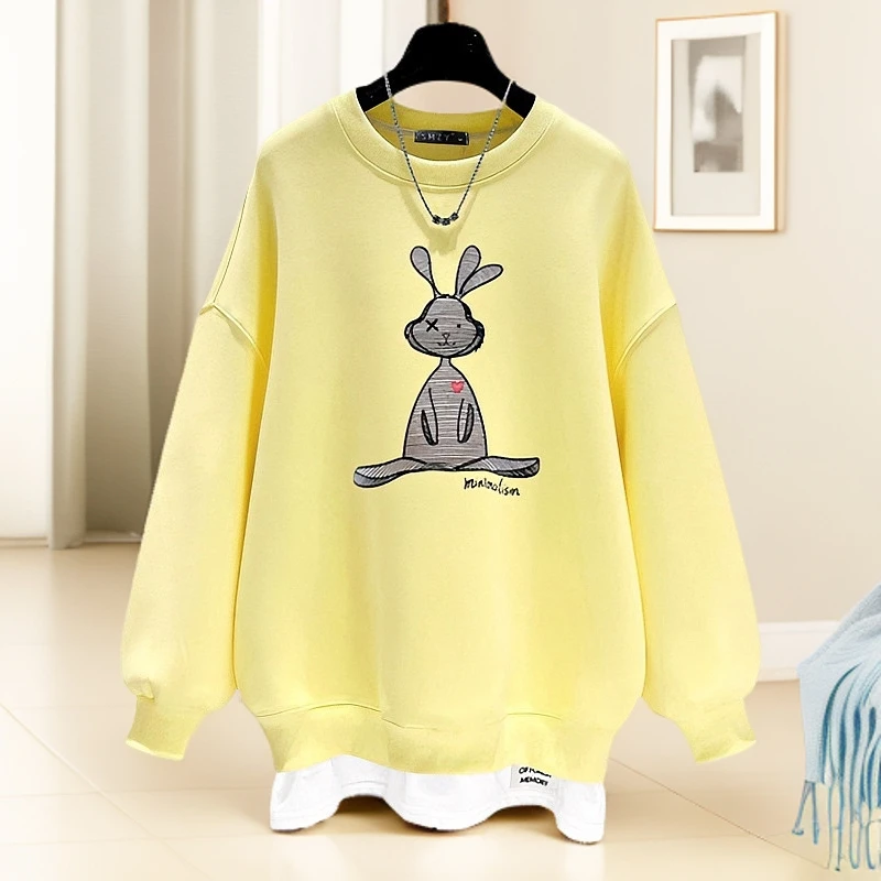 柠檬黄圆领卫衣女加绒宽松2025秋冬新款兔子涂鸦中长款假两件上衣