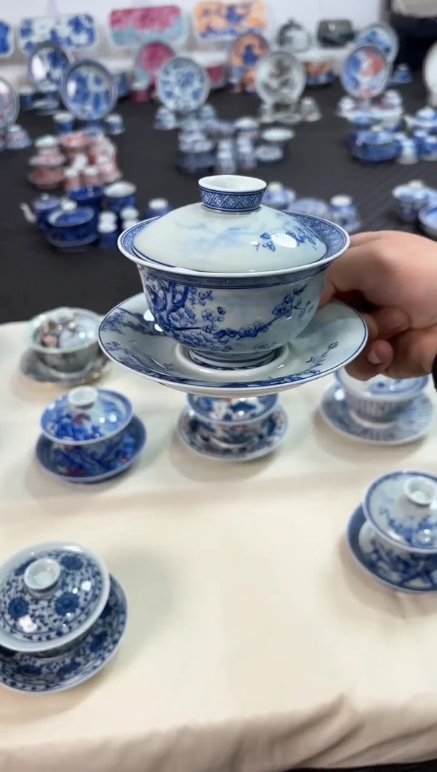 其他瓷景德镇陶瓷茶具青花喜上眉梢元宝盖碗