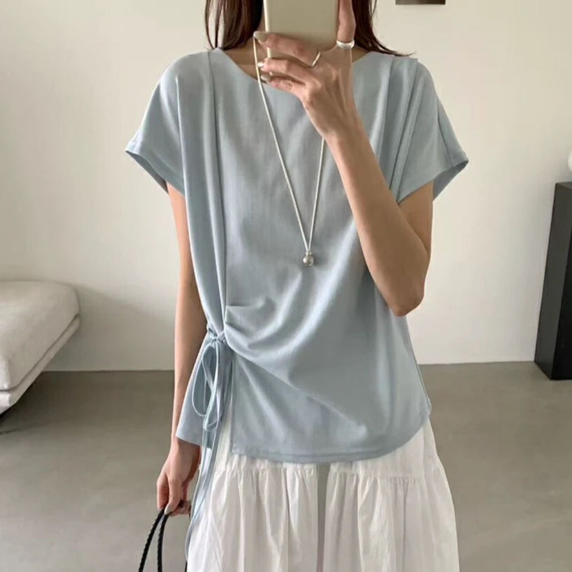 卡莲格/大码T恤女2025夏装圆领宽松舒适休闲系带短袖独特漂亮上衣