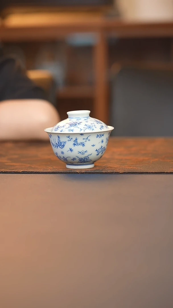 九石堂青花蝶恋花二才盖碗