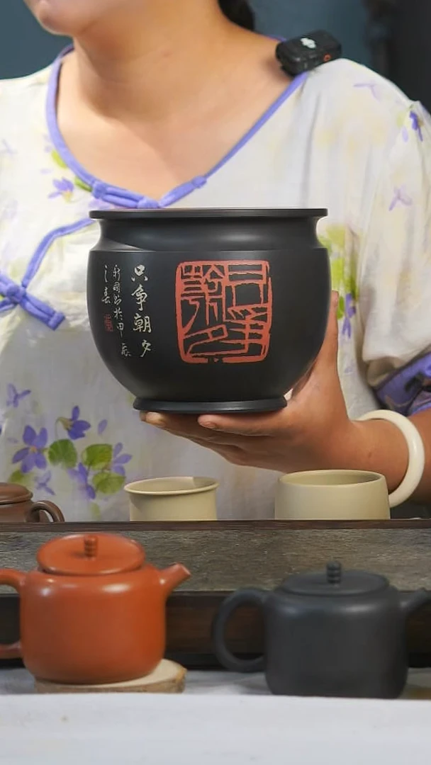 建水紫陶水盂/花器/花盆云南建水紫陶文伟老师书法水洗（花纹可选）