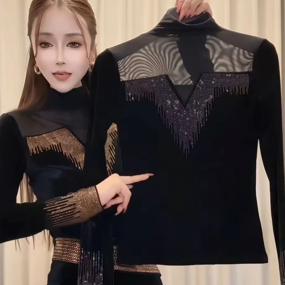 2025秋季新款性感拼接轻熟风V领T恤长袖女半高领圆领常规烫钻时尚