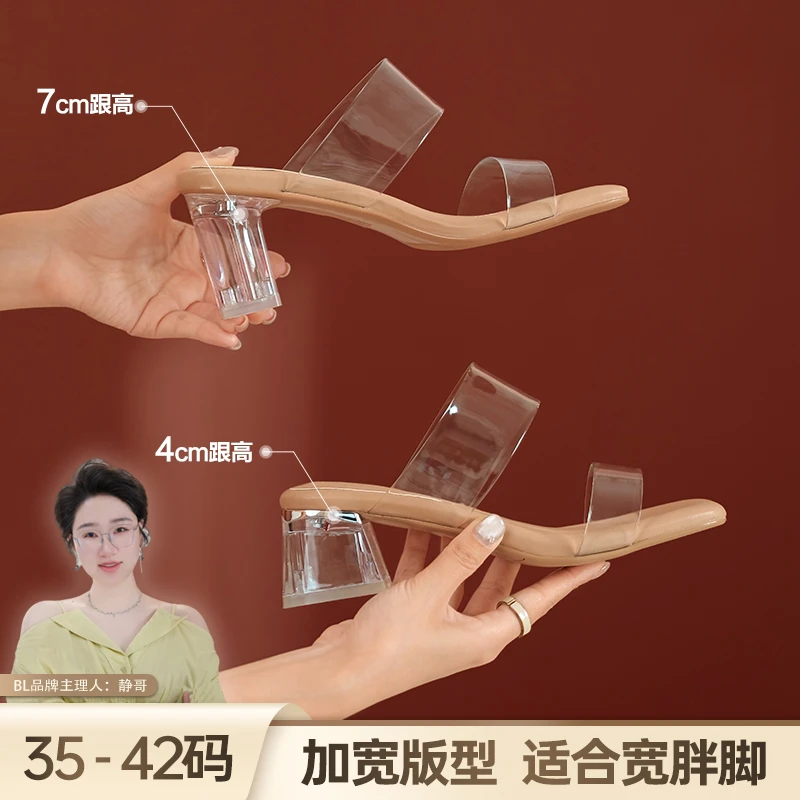 BL静哥加宽大码女鞋夏季透明水晶鞋粗跟高跟凉拖鞋外穿女宽A52018