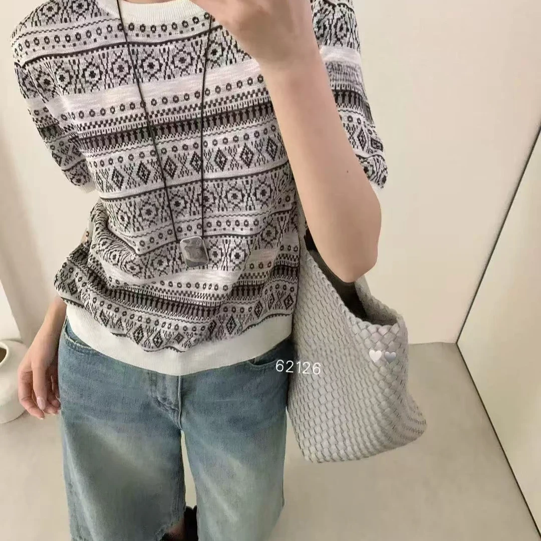 /复古短袖/提花圆领显瘦亲肤减龄短袖 衣长56 胸围50 95113