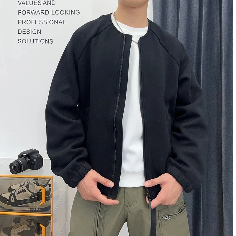春季新款男士圆领夹克外套日系休闲纯色百搭拉链宽松上衣10533