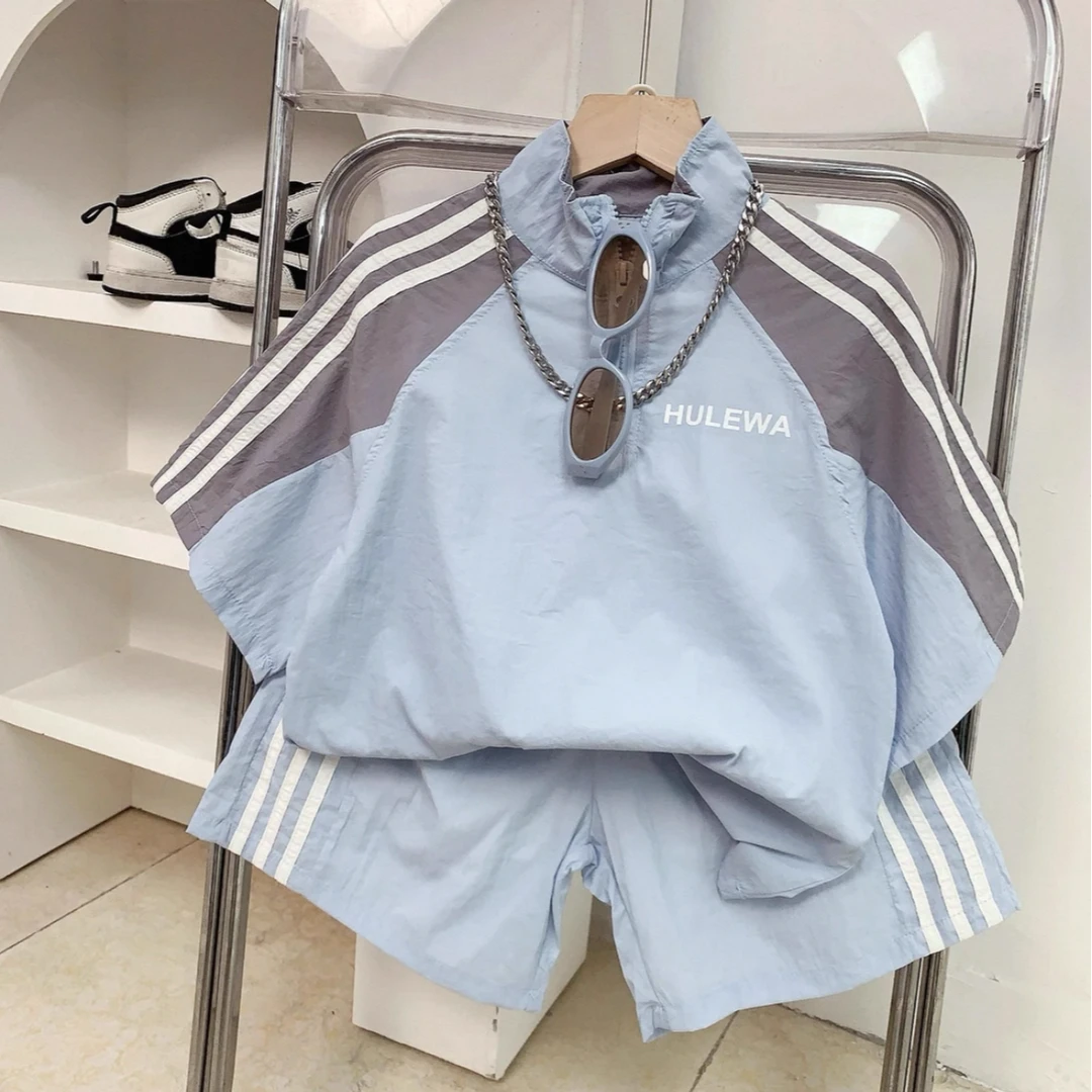 2025新款休闲风拼色欧若智性风休闲字母韩版男女童夏季套装