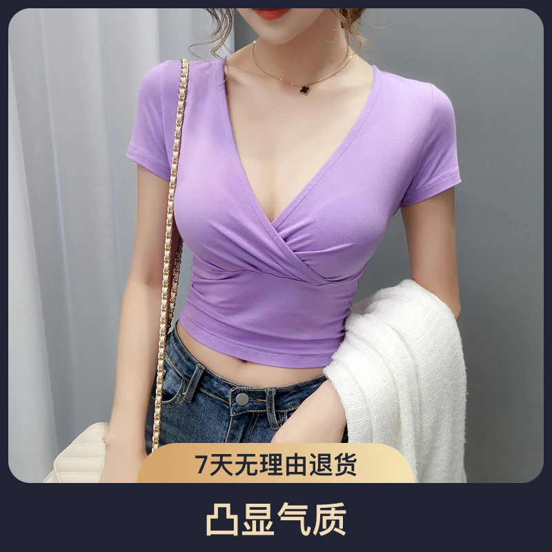 短款t恤女短袖高腰露脐交叉v领性感低胸大领口小心机设计感上衣潮