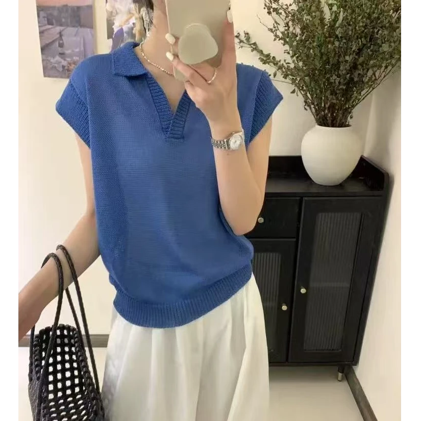 2025夏季韩版时尚和纸纱翻领宽松显瘦百搭短袖针织衫上衣