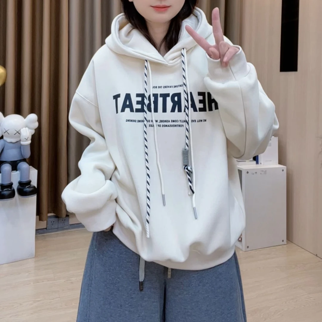 2025冬季新款外穿字母印花卫衣女装休闲加绒加厚连帽卫衣女B335