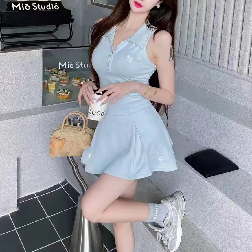 【清仓】POLO领无袖背心高腰压褶短裙休闲运动两件套E075