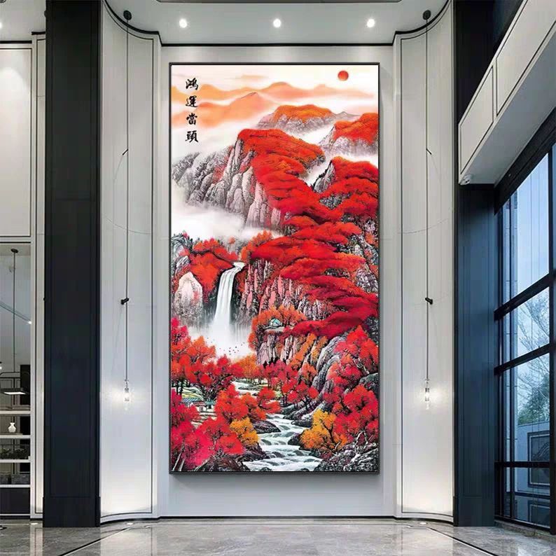 纯手工绣好的十字绣成品不带裱框 鸿运当头竖版玄关过道装饰挂画