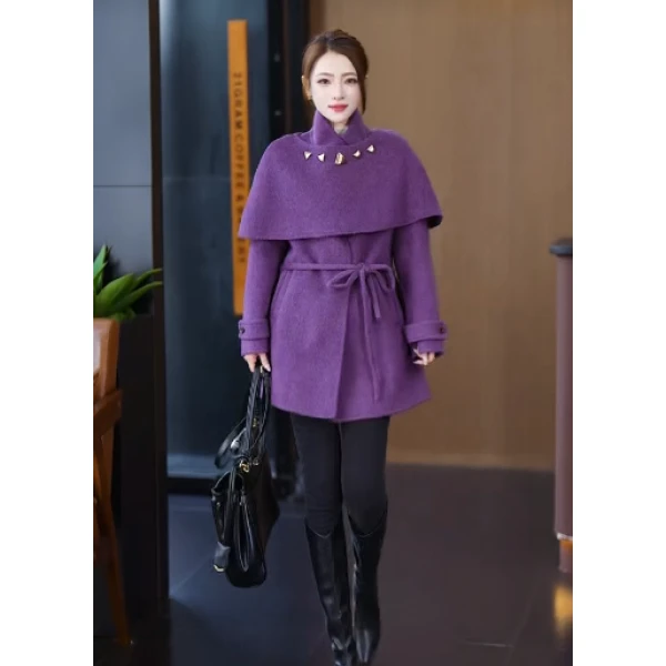 KN2509新款时尚气质高端法式斗篷收腰洋气小个子毛呢外套女装