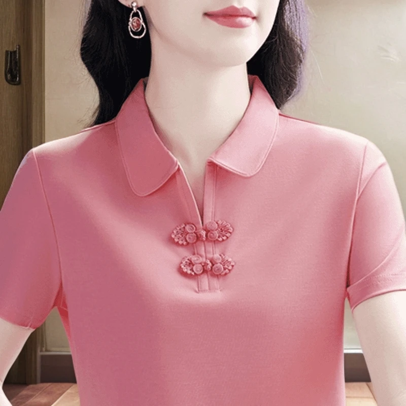 国风时尚上衣洋气妈妈短袖t恤女夏季百搭设计感运动polo衫女宽松