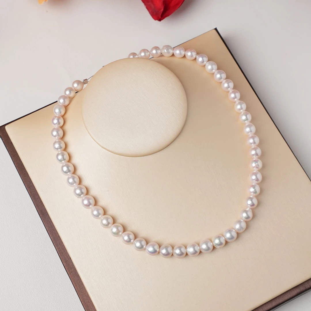 海水akoya珍珠项链8.5-9mm圆巴形极光樱花粉串链925银扣一物一拍