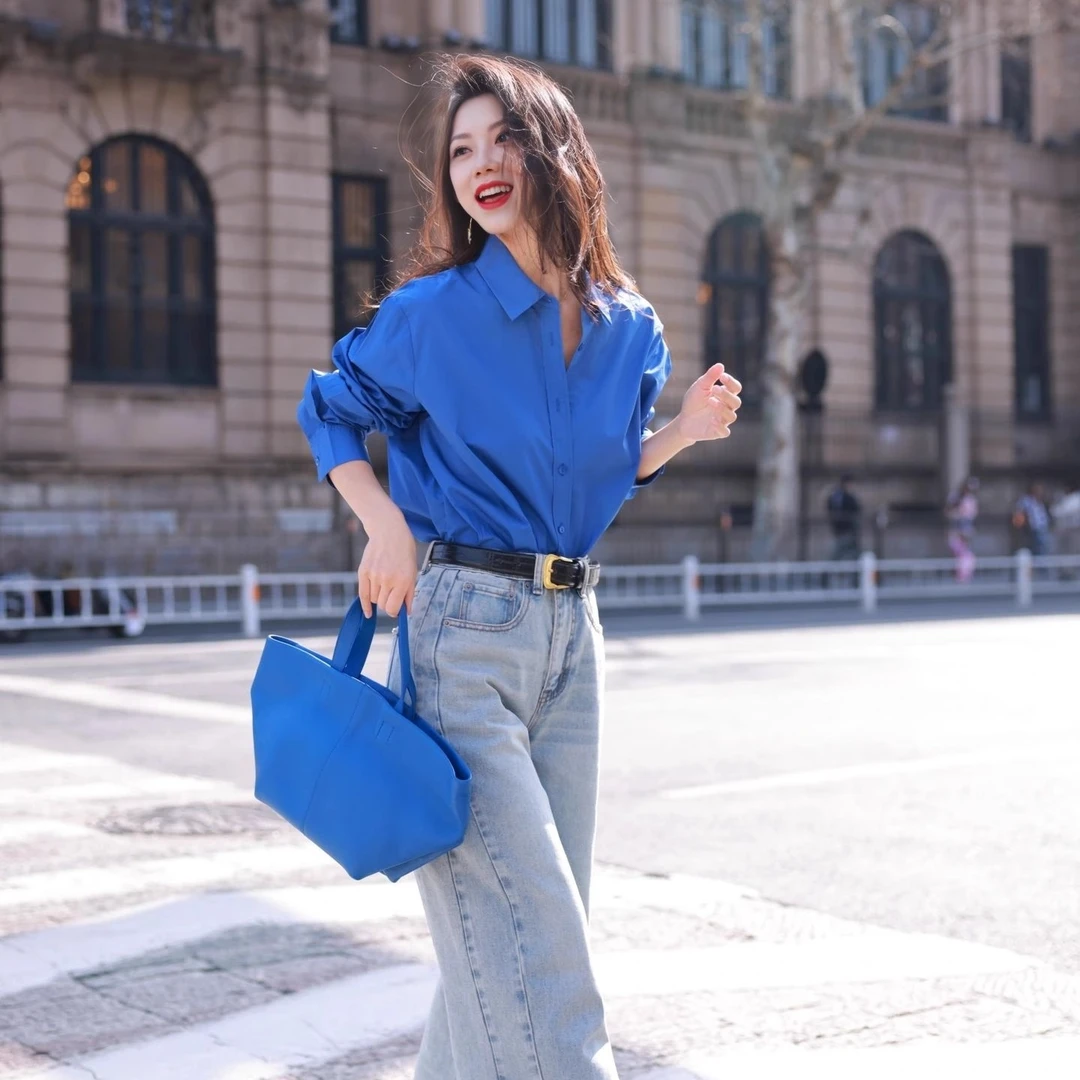 克莱因蓝衬衫外套女春秋设计感小众衬衣叠穿宽松长袖上衣