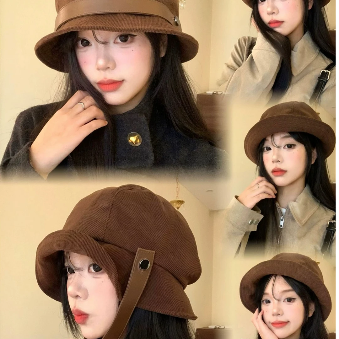 美拉德复古灯芯绒渔夫帽女秋冬日系显脸小骑车可戴卷边礼帽盆帽子