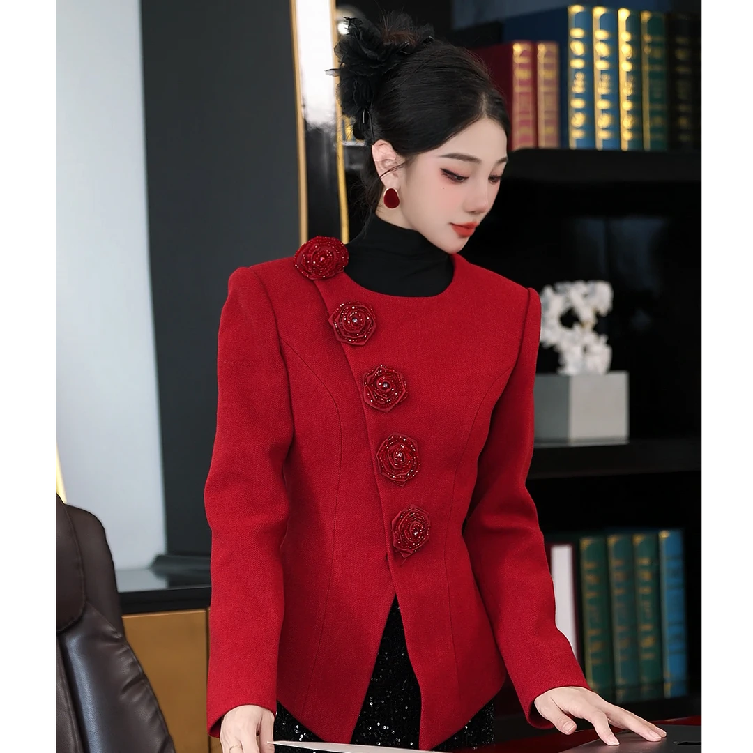 MD进进原创【铿锵玫瑰】2025冬季加棉气质时尚玫瑰花显瘦毛呢外套