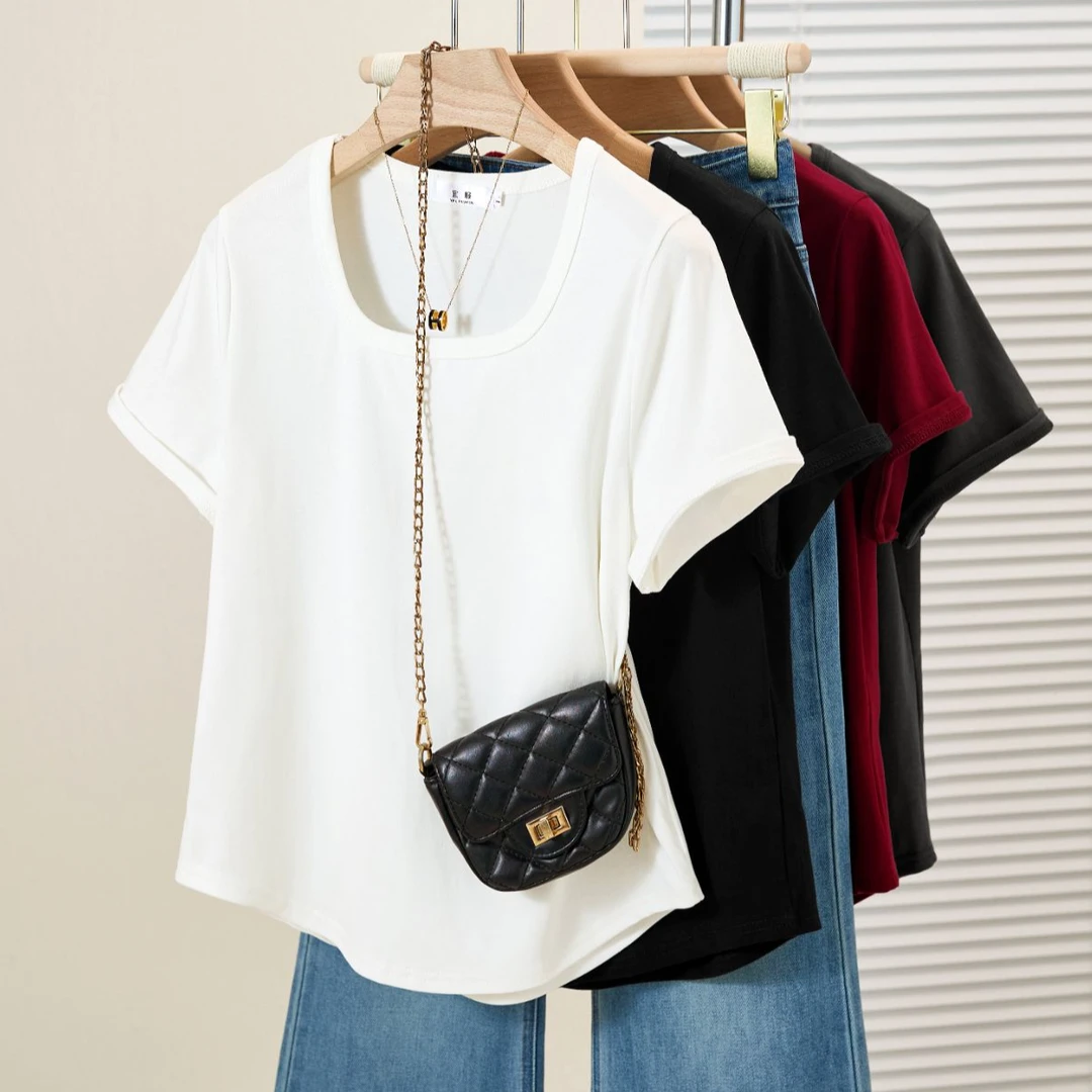 胖MM短袖洋气t恤女装夏季2025新款感下摆弧形设计上衣服