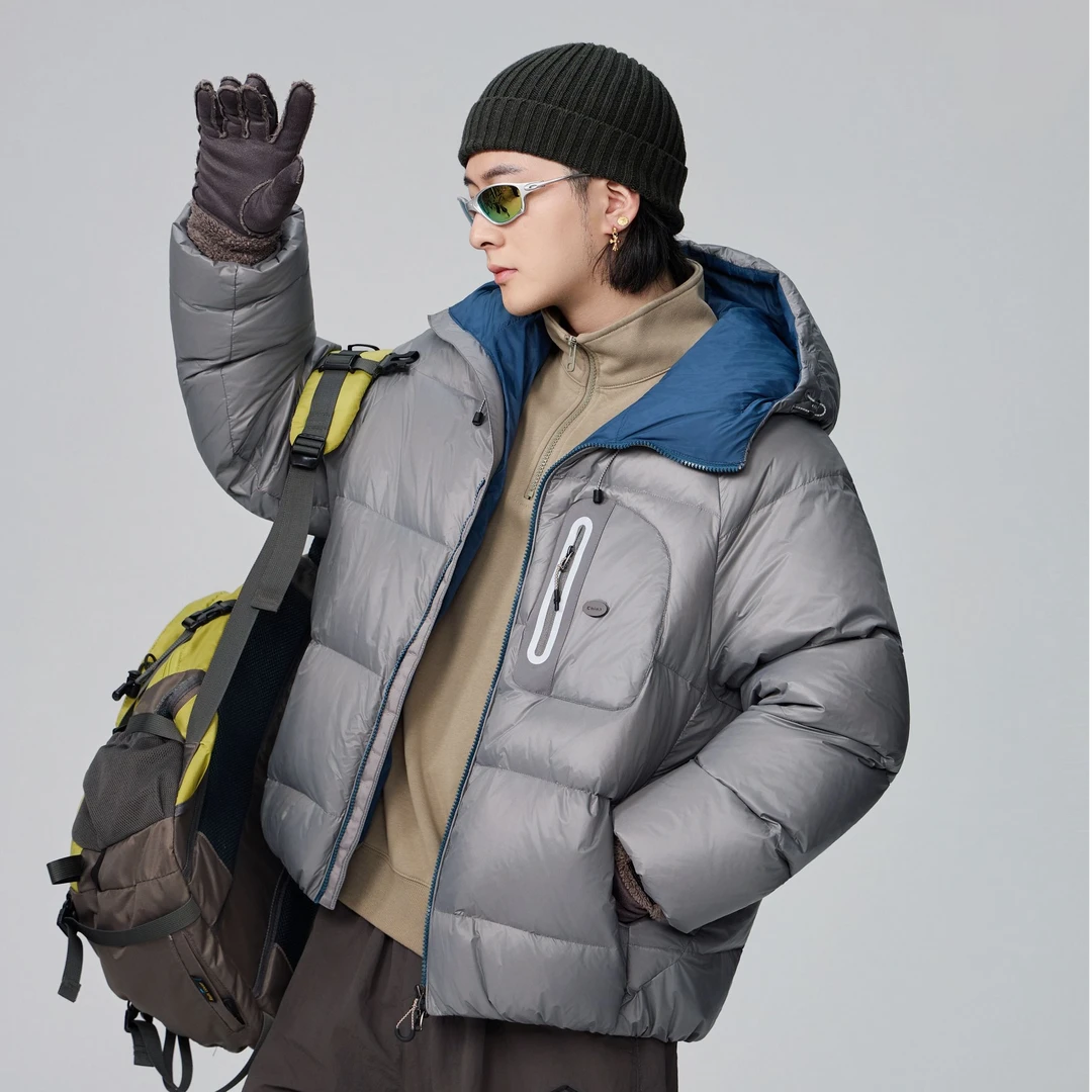 山系冬季撞色连帽90白鸭羽绒服休闲时尚情侣百搭加绒外套