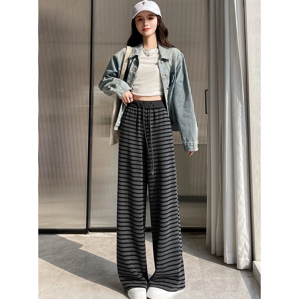 （T）25201新款【有口袋】复古条纹阔腿裤松紧腰抽绳高腰直筒休闲裤女