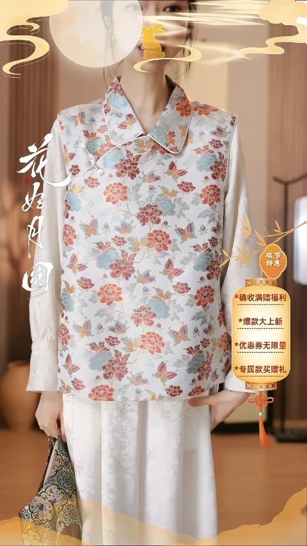 三马翻领蝶舞牡丹大码