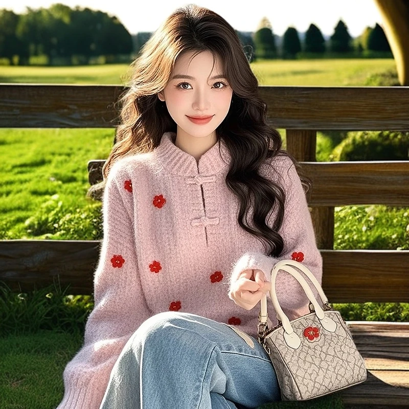 粉色重工套头毛衣内搭秋冬可外穿新中式国风针织打底衫女2024新款