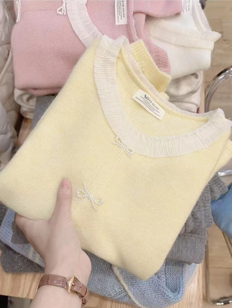 七言家 巨温柔！茉莉黄蕾丝钉珠蝴蝶结毛衣2