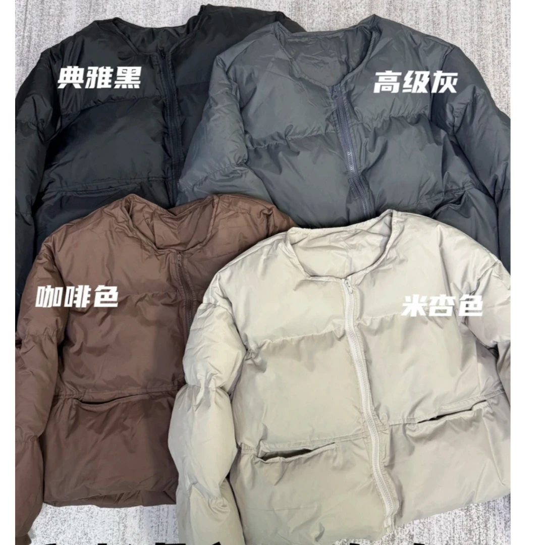 冬款时尚设计感大版宽松下抽绳圆领纯色百搭棉服外套保暖086