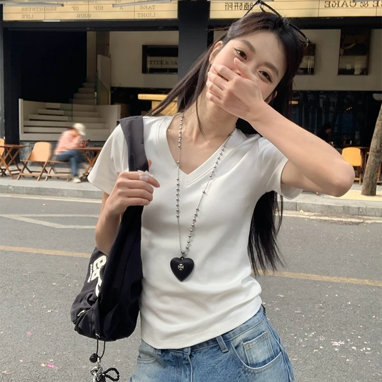 白色正肩V领短袖t恤女夏季韩系弹力宽松高级显瘦透气短款体恤上衣