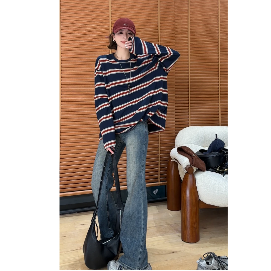 YYOUHAN 2025新款【邂逅自在】极简撞色条纹藏青T恤上衣 2508C4353