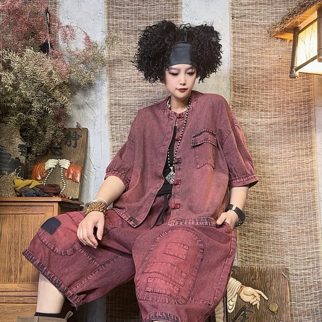 7863款夏季宽松复古洋气炒色做旧牛仔盘扣上衣【衣长58胸围136】