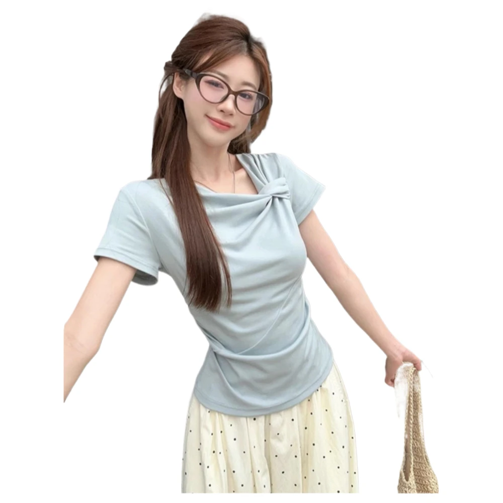 小众扭结短袖T恤女夏新款修身显瘦别致褶皱短款正肩上衣夏季百搭