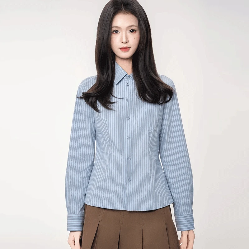 哥弟阿玛施正品2025秋装新款百搭修身显瘦收腰长袖衬衫女上衣衬衣