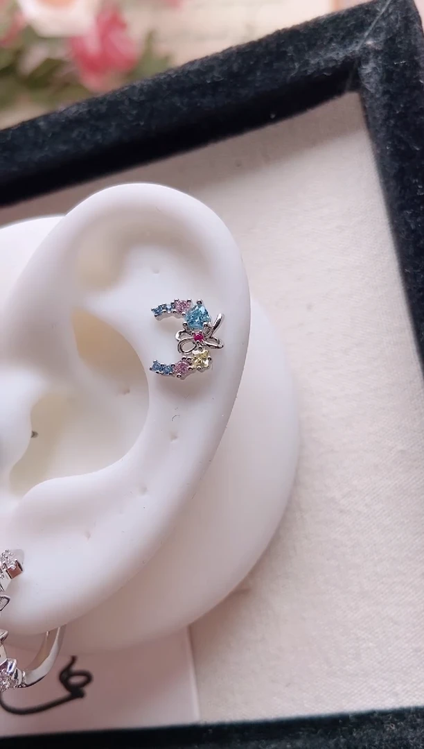 钛钢合金合成立方氧化锆彩锆蝴蝶结月亮|TS21一只