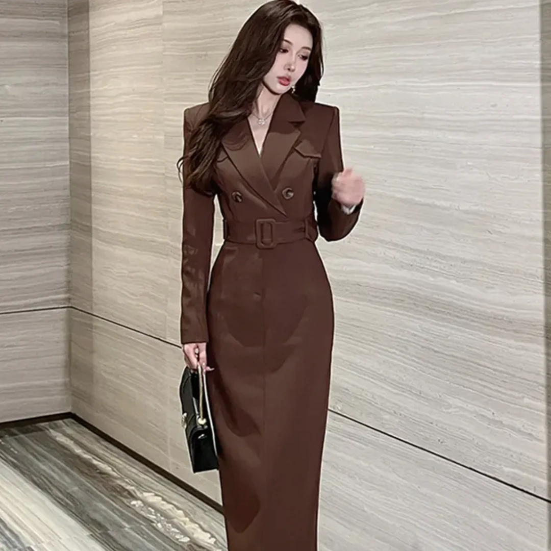 赠腰带御姐风西装领长袖连衣裙女2025春季新款名媛气质长裙9180