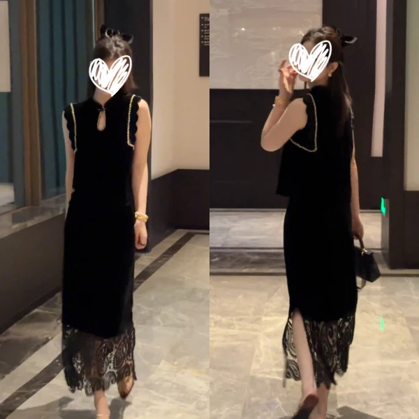 2025新中式国风黑色无袖立领上衣半身裙蕾丝拼接开叉裙气质两件套