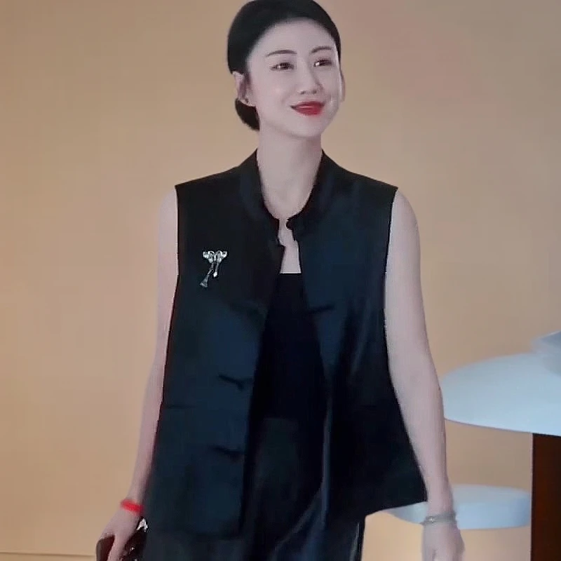 马夹新款新中式醋酸小立领盘扣马甲女复古潮流马甲国风