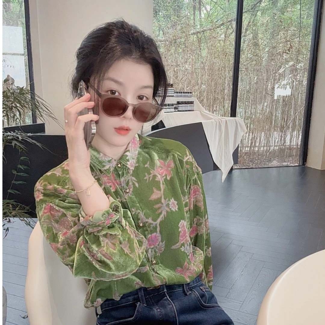 【悦悦专属】高级单排扣撞色花朵丝绒衬衫S106