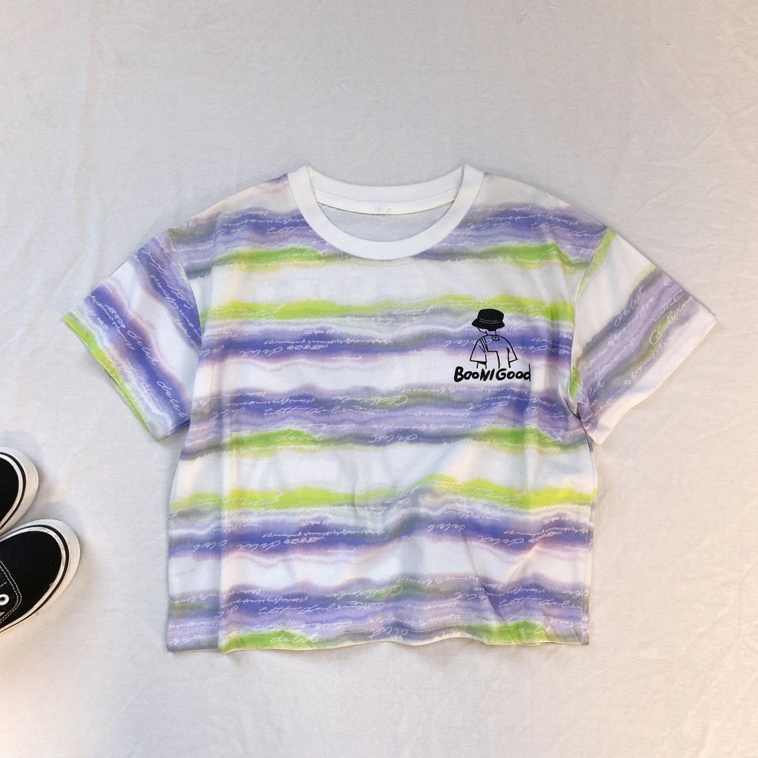 39987男童夏款T恤2025新款中大童薄款短袖时尚条纹帅气帽子男孩