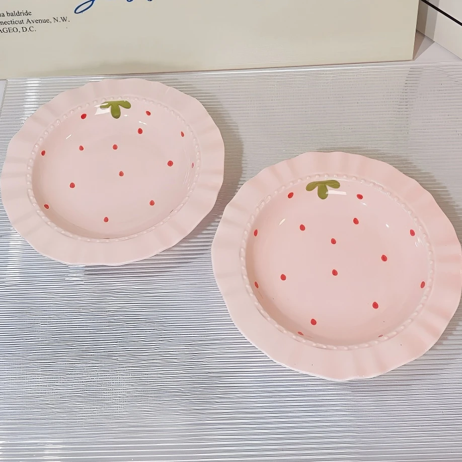粉色草莓陶瓷餐盘可爱家用宿舍草帽盘蛋糕盘高颜值精致餐具碗盘XF